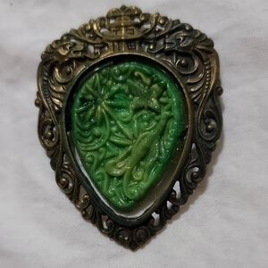 Vintage Brass? Dragon Temple Green Butterfly Flower Brooch